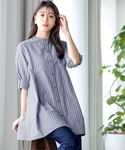 【新色追加】 バンドカラーシャツチュニックブラウス