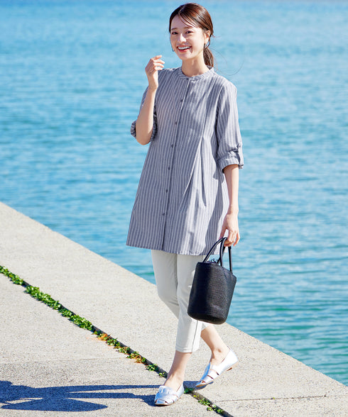 【新色追加】 バンドカラーシャツチュニックブラウス