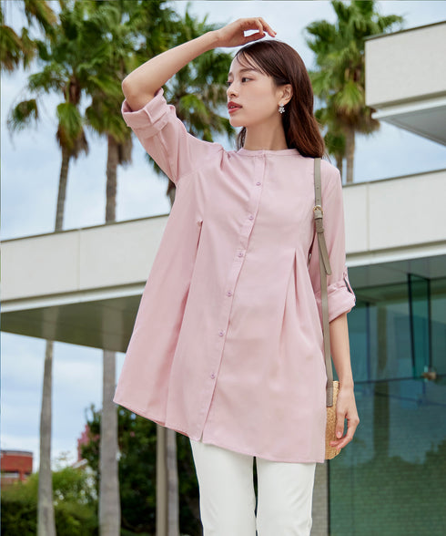 【新色追加】 バンドカラーシャツチュニックブラウス