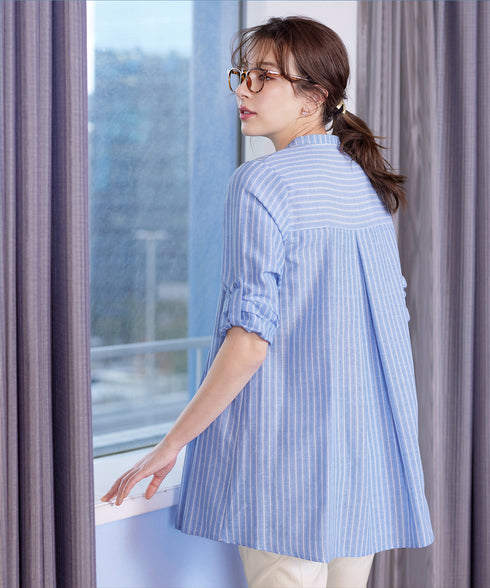 【新色追加】 バンドカラーシャツチュニックブラウス