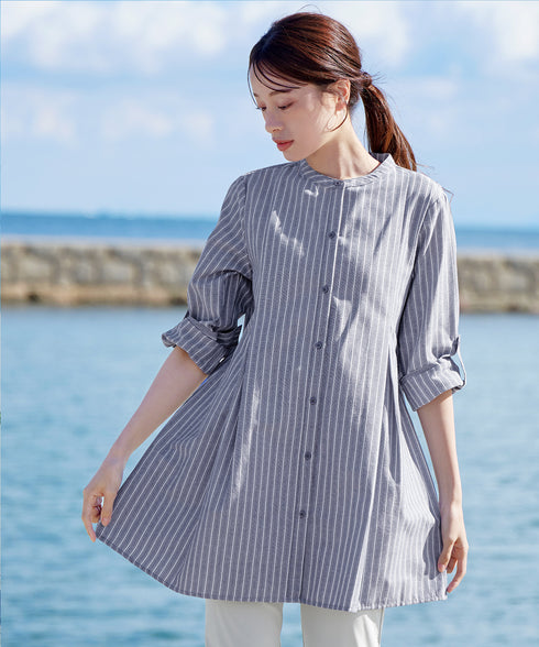 【新色追加】 バンドカラーシャツチュニックブラウス