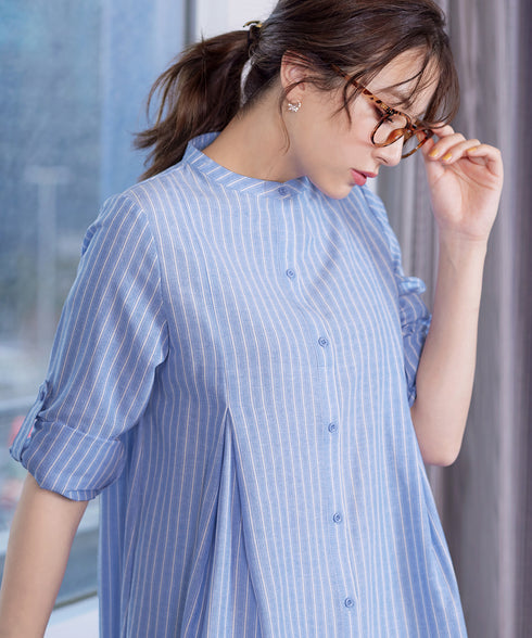 【新色追加】 バンドカラーシャツチュニックブラウス