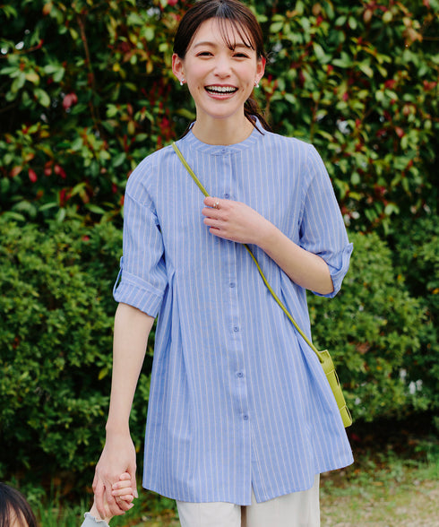 【新色追加】 バンドカラーシャツチュニックブラウス