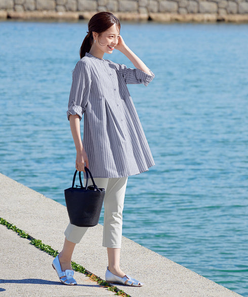 【新色追加】 バンドカラーシャツチュニックブラウス