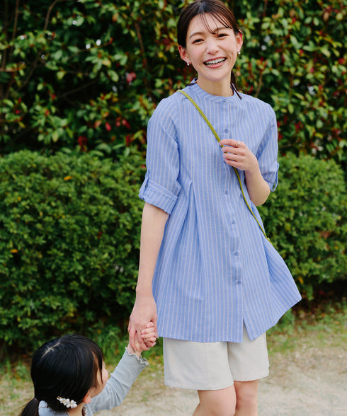 【新色追加】 バンドカラーシャツチュニックブラウス