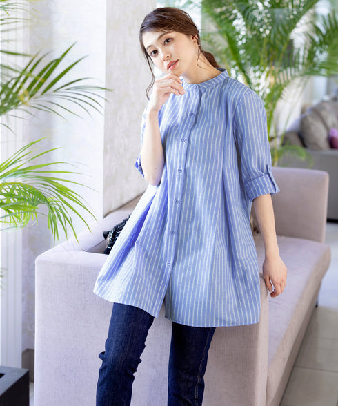 【新色追加】 バンドカラーシャツチュニックブラウス