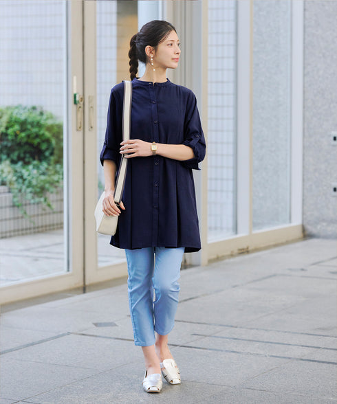 【新色追加】 バンドカラーシャツチュニックブラウス