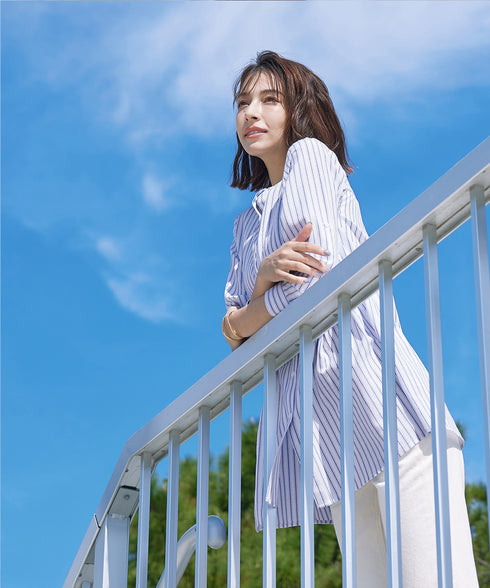 【新色追加】 バンドカラーシャツチュニックブラウス