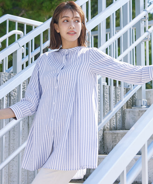 【新色追加】 バンドカラーシャツチュニックブラウス