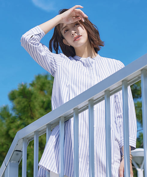 【新色追加】 バンドカラーシャツチュニックブラウス