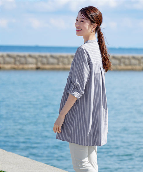 【新色追加】 バンドカラーシャツチュニックブラウス