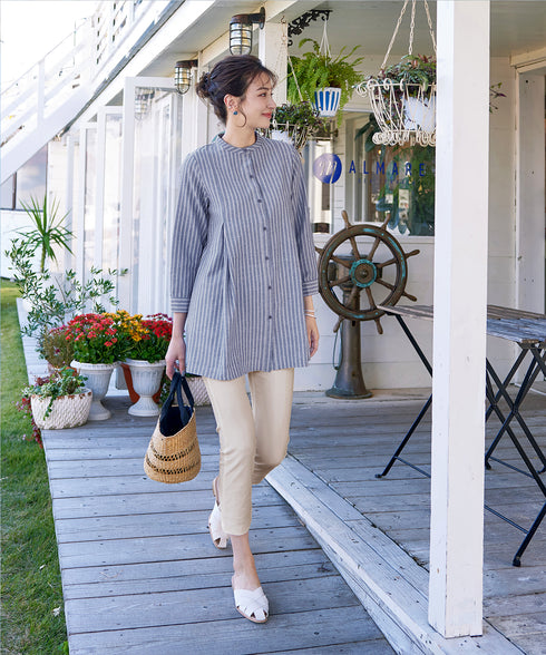 【新色追加】 バンドカラーシャツチュニックブラウス