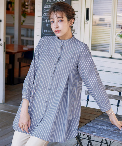 【新色追加】 バンドカラーシャツチュニックブラウス