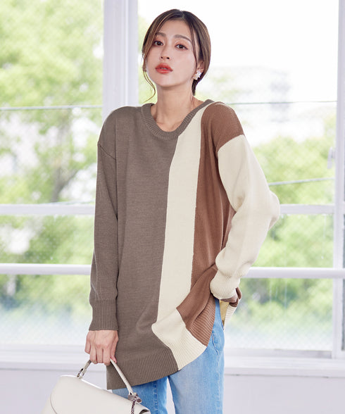 【アウトレット】デザイン配色ニットチュニック