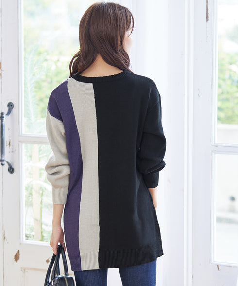 【アウトレット】デザイン配色ニットチュニック
