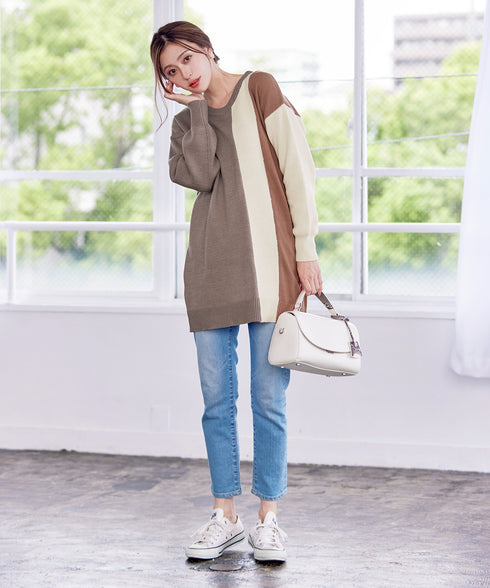 【アウトレット】デザイン配色ニットチュニック