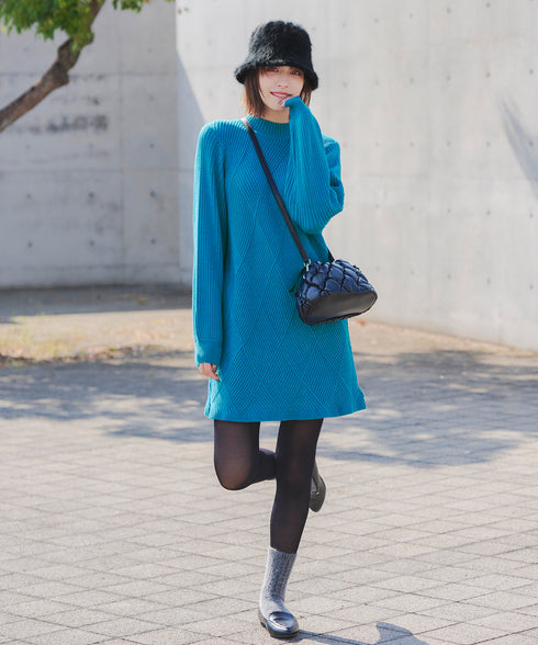 【アウトレット】リボン衿配色ニットワンピース