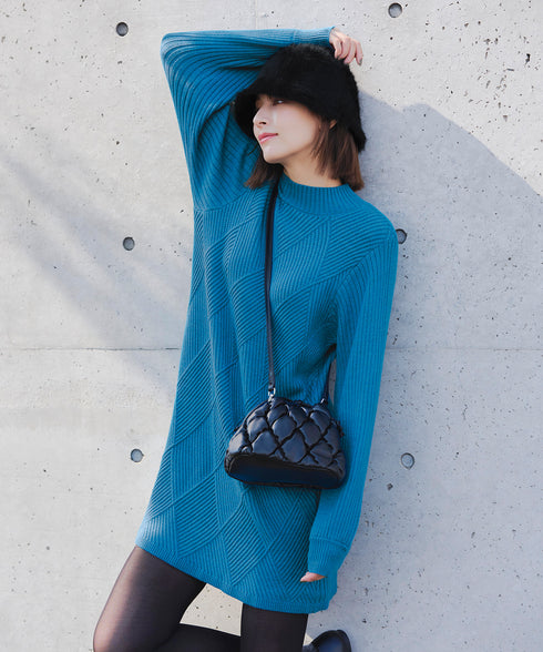 【アウトレット】リボン衿配色ニットワンピース