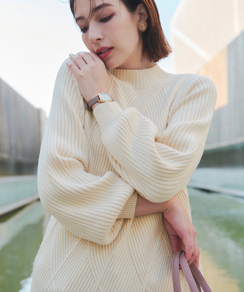 【アウトレット】リボン衿配色ニットワンピース