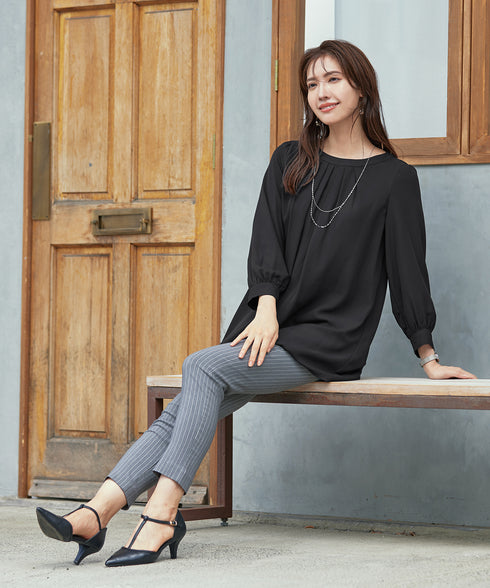 【スマート裏起毛】 ジョーゼット胸元タックチュニック