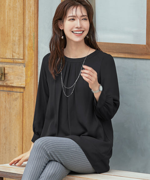 【スマート裏起毛】 ジョーゼット胸元タックチュニック