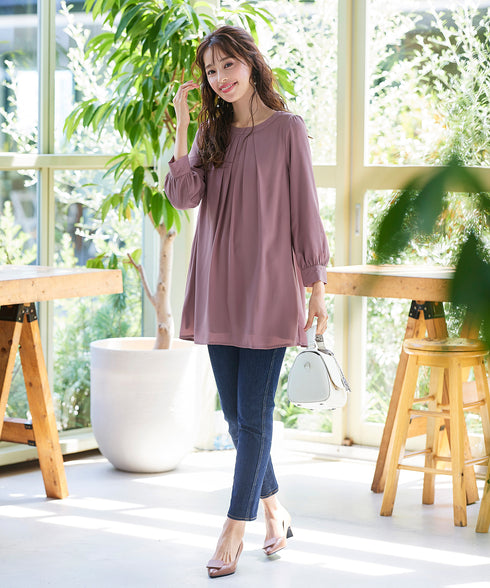 【スマート裏起毛】 ジョーゼット胸元タックチュニック