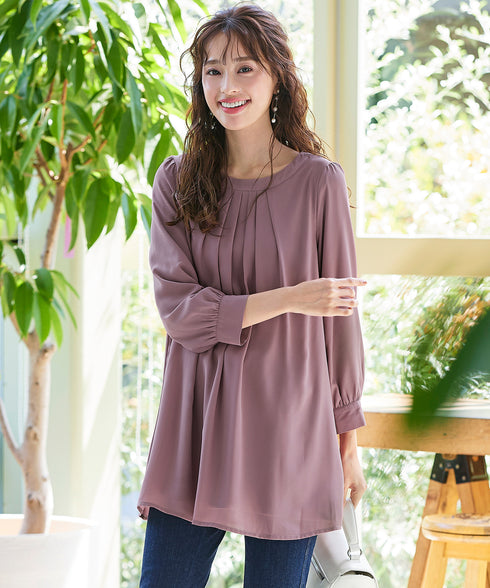 【スマート裏起毛】 ジョーゼット胸元タックチュニック