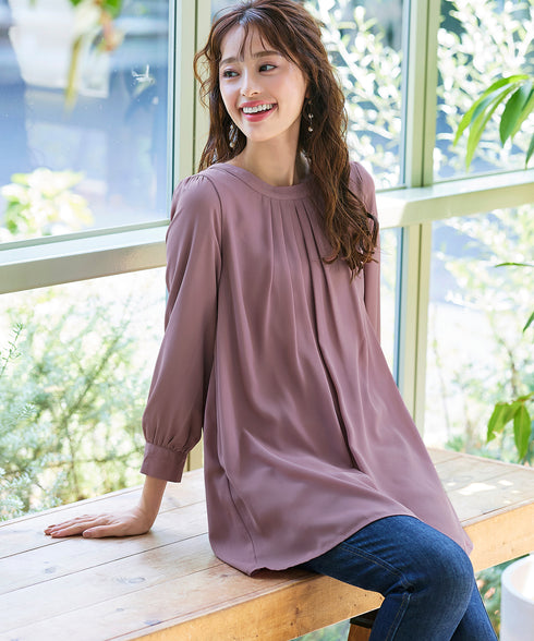 【スマート裏起毛】 ジョーゼット胸元タックチュニック