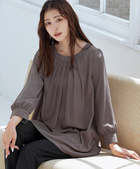 【スマート裏起毛】 ジョーゼット胸元タックチュニック