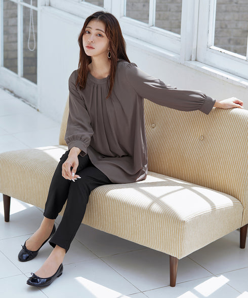 【スマート裏起毛】 ジョーゼット胸元タックチュニック