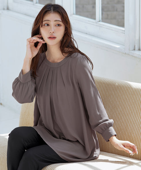 【スマート裏起毛】 ジョーゼット胸元タックチュニック