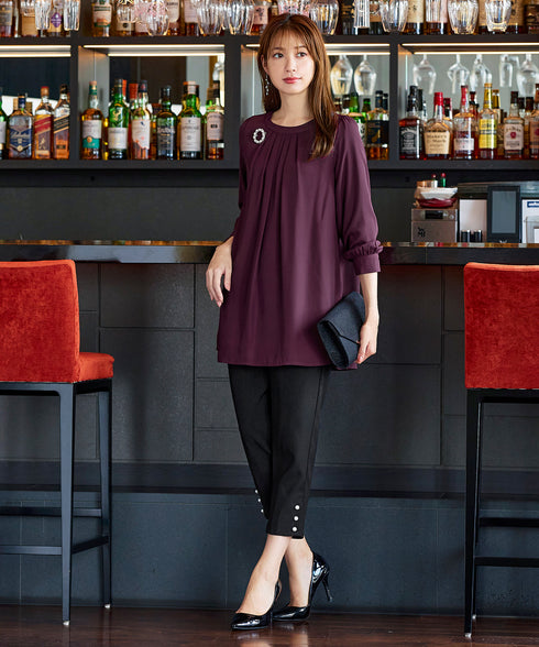 【スマート裏起毛】 ジョーゼット胸元タックチュニック