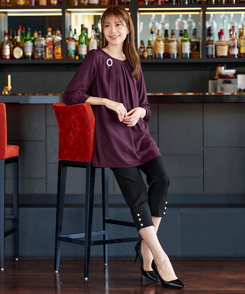 【スマート裏起毛】 ジョーゼット胸元タックチュニック