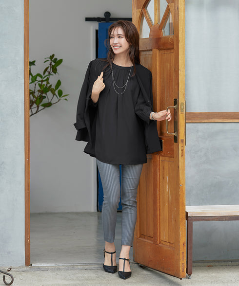 【スマート裏起毛】 ジョーゼット胸元タックチュニック