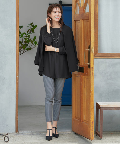 【スマート裏起毛】 ジョーゼット胸元タックチュニック