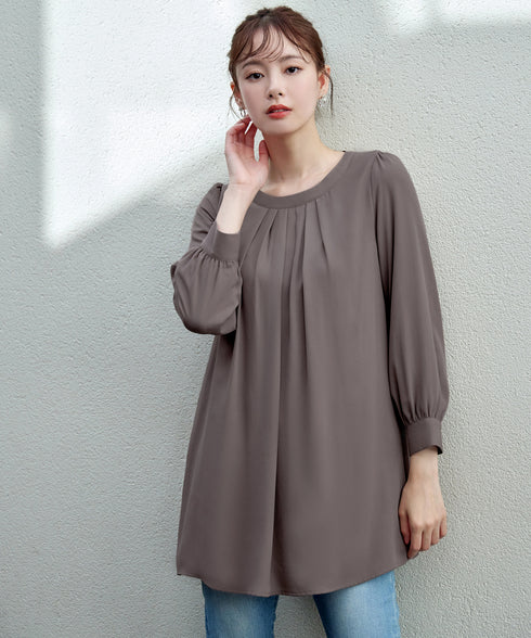 【スマート裏起毛】 ジョーゼット胸元タックチュニック