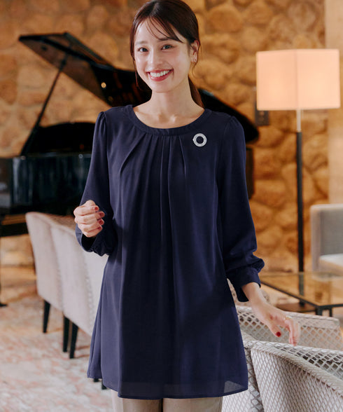 【スマート裏起毛】 ジョーゼット胸元タックチュニック