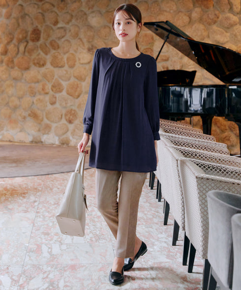 【スマート裏起毛】 ジョーゼット胸元タックチュニック