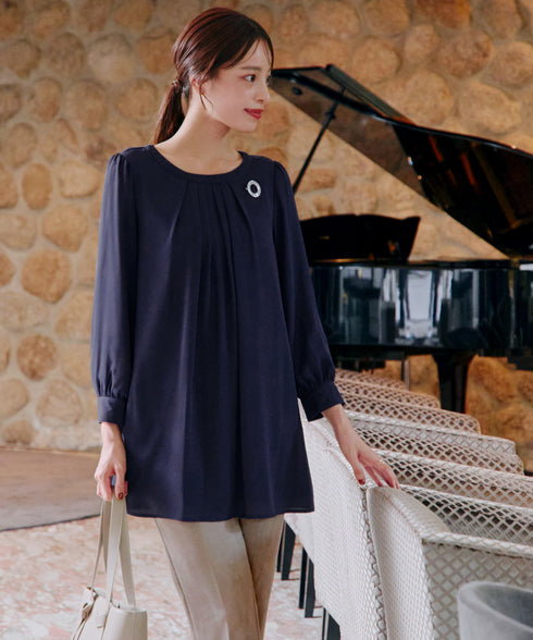 【スマート裏起毛】 ジョーゼット胸元タックチュニック