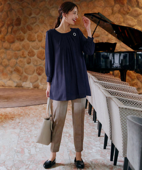 【スマート裏起毛】 ジョーゼット胸元タックチュニック