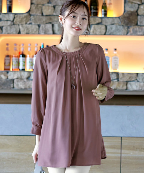 【スマート裏起毛】 ジョーゼット胸元タックチュニック