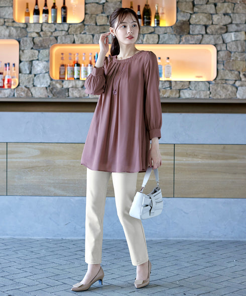 【スマート裏起毛】 ジョーゼット胸元タックチュニック