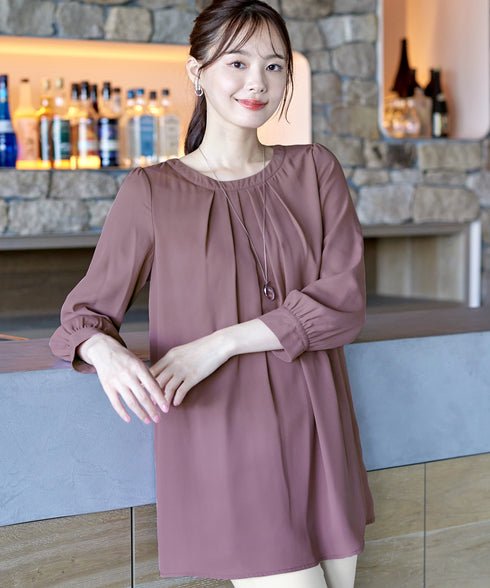 【スマート裏起毛】 ジョーゼット胸元タックチュニック