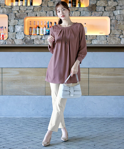 【スマート裏起毛】 ジョーゼット胸元タックチュニック