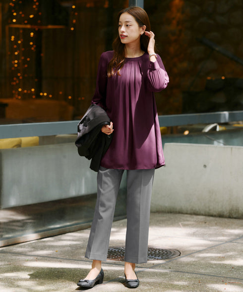 【スマート裏起毛】 ジョーゼット胸元タックチュニック