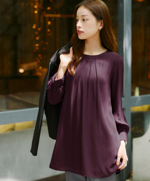 【スマート裏起毛】 ジョーゼット胸元タックチュニック