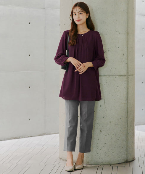 【スマート裏起毛】 ジョーゼット胸元タックチュニック