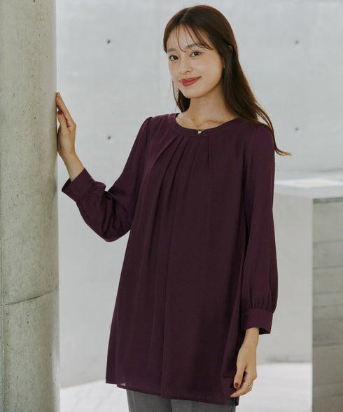 【スマート裏起毛】 ジョーゼット胸元タックチュニック