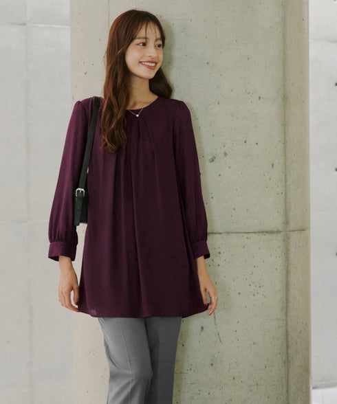 【スマート裏起毛】 ジョーゼット胸元タックチュニック