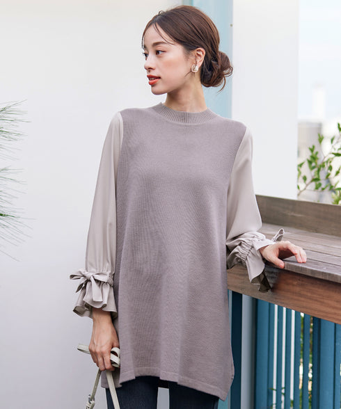 【アウトレット】リボン袖ニットコンビチュニック